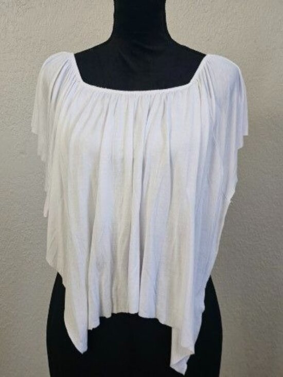 Charlotte Rusell Tops - White Boho-Style Flutter Sleeve Top With Elastic Neckline & Asymmetrical Hem For